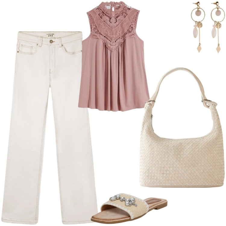 Outfit donna - Un top dal gusto retrò. Stile Casual chic per Tutti i giorni. Abbinamento con top, orecchini, shopping bag, jeans bootcut, ciabatte.