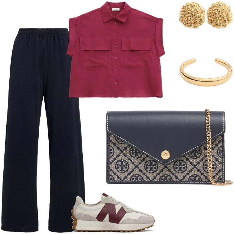 Outfit donna - Mix di articoli casual e chic. Stile Casual chic per Tutti i giorni. Abbinamento con sneakers, camicie a manica corta, braccialetti, orecchini, pochette, pantaloni.