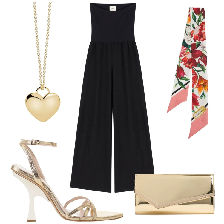 Outfit donna - Risplendi in una serata glamour!. Stile Glamour per Serata fuori. Abbinamento con collane, tute, sandali col tacco, foulard, pochette.