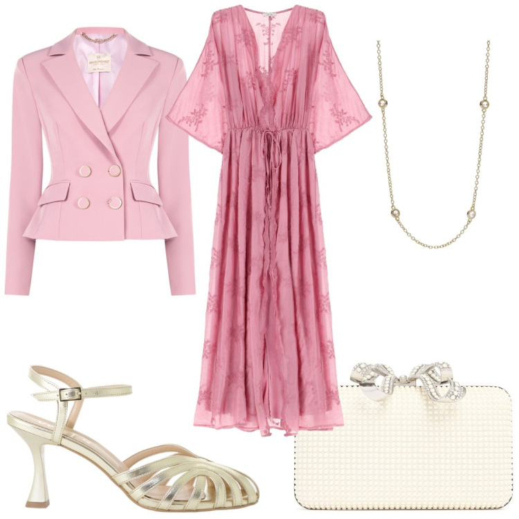 Outfit donna - Risplendi in una serata romantica!. Stile Romantica per Serata fuori. Abbinamento con collane, blazer, vestiti lunghi, sandali col tacco, pochette.