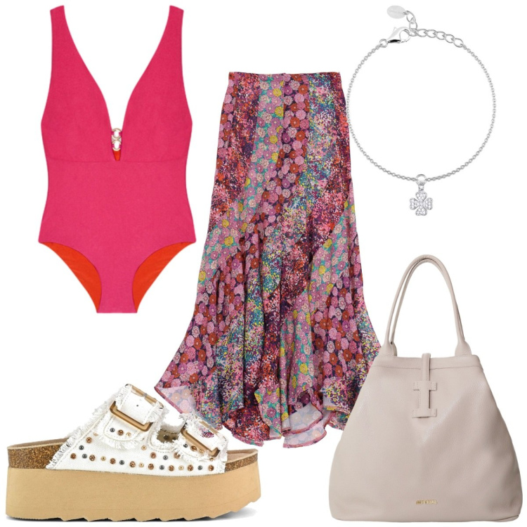Outfit donna - Il costume perfetto è: intero boho. Stile Boho per Mare. Abbinamento con braccialetti con ciondoli, borse tote, gonne lunghe, costumi interi, sandali.