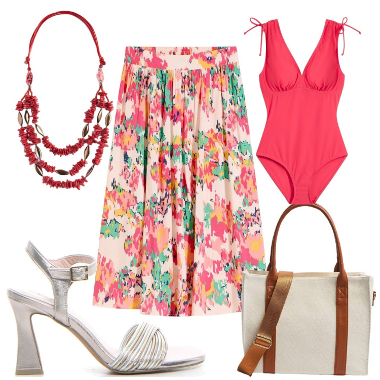 Outfit donna - Una gonna per luglio: low cost. Stile Trendy per Mare. Abbinamento con gonne longuette, costumi interi, shopping bag, sandali col tacco, collane.