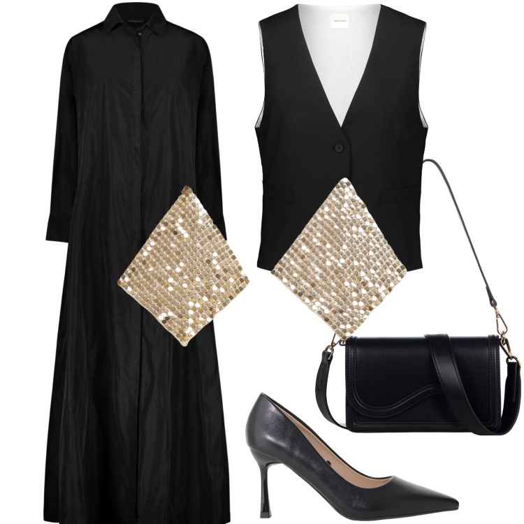 Outfit donna - Serata in montagna, ma chic. Stile Chic per Serata fuori. Abbinamento con orecchini, pochette, décolleté, vestiti, gilet.