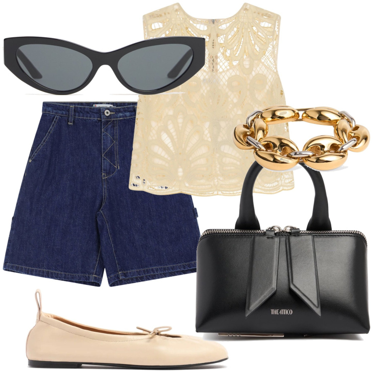 Outfit donna - Lady in bermuda ad una festa. Stile Glamour per Serata fuori. Abbinamento con bermuda, top, borse a mano, braccialetti, occhiali da sole, ballerine.