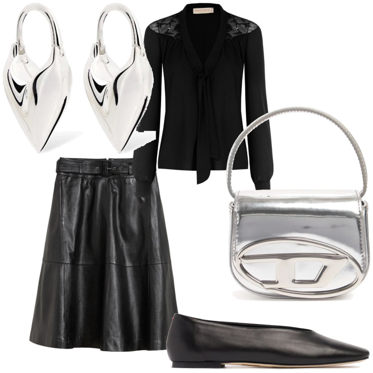 Outfit donna - Compleanno in montagna. Stile Bon Ton per Serata fuori. Abbinamento con gonne, bluse, borse a mano, ballerine, orecchini.