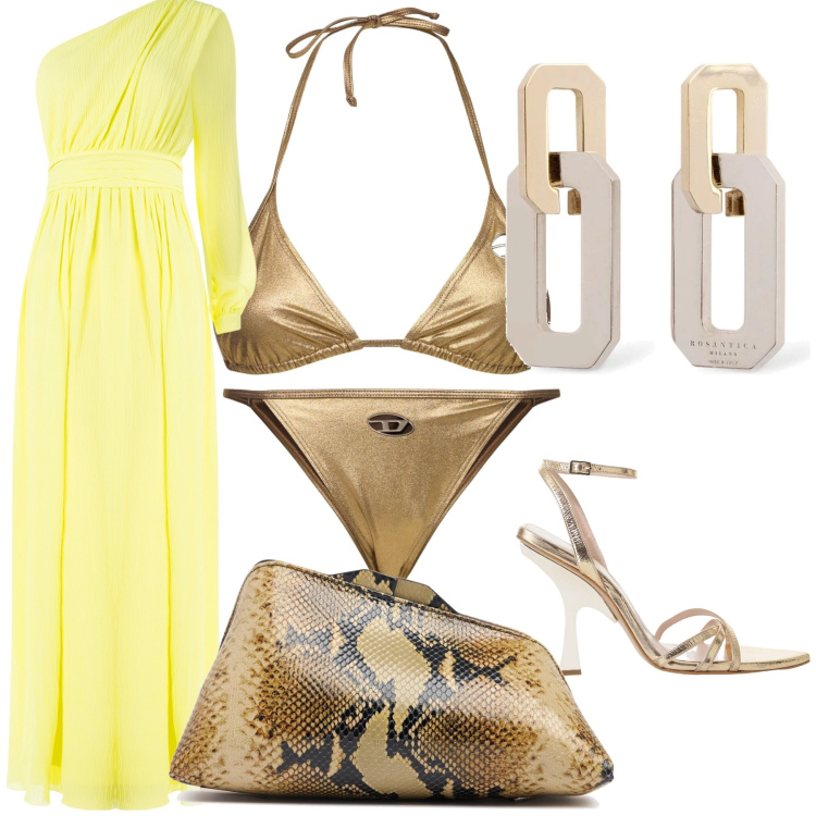 Outfit donna - Importante evento sul mare. Stile Glamour per Serata fuori. Abbinamento con vestiti lunghi, sandali col tacco, orecchini, bikini, bikini, pochette.