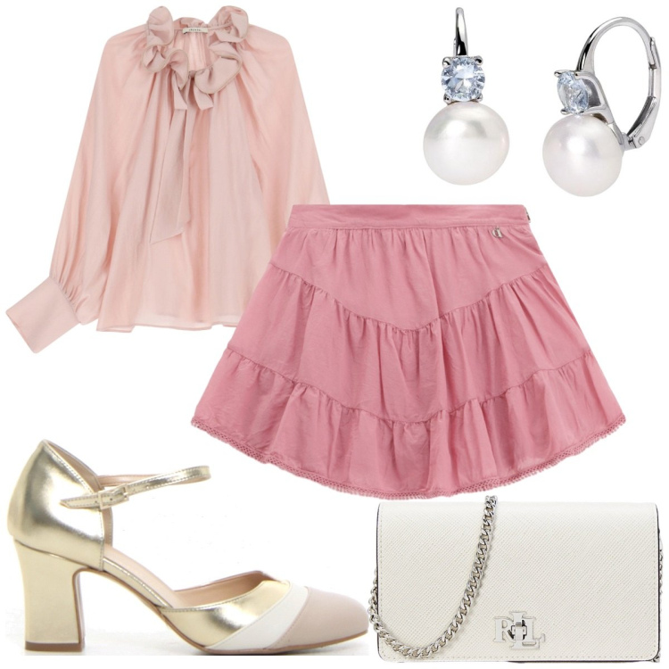 Outfit donna - Una gonna per luglio: bon ton. Stile Bon Ton per Tutti i giorni. Abbinamento con orecchini, minigonne, bluse, borse a tracolla, sandali col tacco.