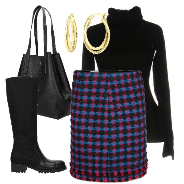 Outfit donna - Scozzese ma non troppo. Stile Trendy per Tutti i giorni. Abbinamento con stivali nero, borse tote, gonna sport multicolore, orecchini in oro giallo argento.