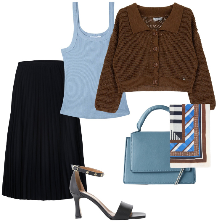 Outfit donna - Ultimi giorni di lavoro. per Ufficio. Abbinamento con borse a tracolla, canottiere, cardigans, sandali col tacco, gonne longuette, foulard.