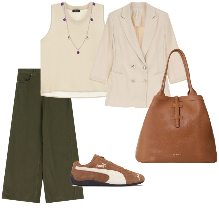 Outfit donna - Lavoro fine luglio. per Ufficio. Abbinamento con collane, borse tote, blazer, top, jeans, sneakers.