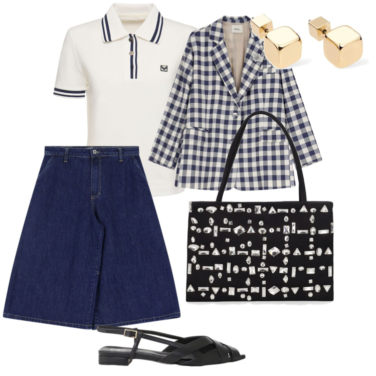 Outfit donna - Vacanze. per Tutti i giorni. Abbinamento con bermuda, blazer, sandali, borse a spalla, orecchini, polo.