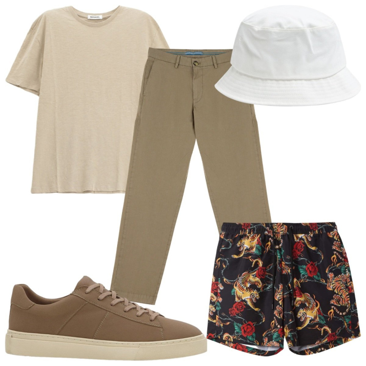 Outfit uomo - La t-shirt monocromatica al mare. Stile Trendy per Mare. Abbinamento con sneakers, costumi, cappelli, pantaloni chino, t-shirt.
