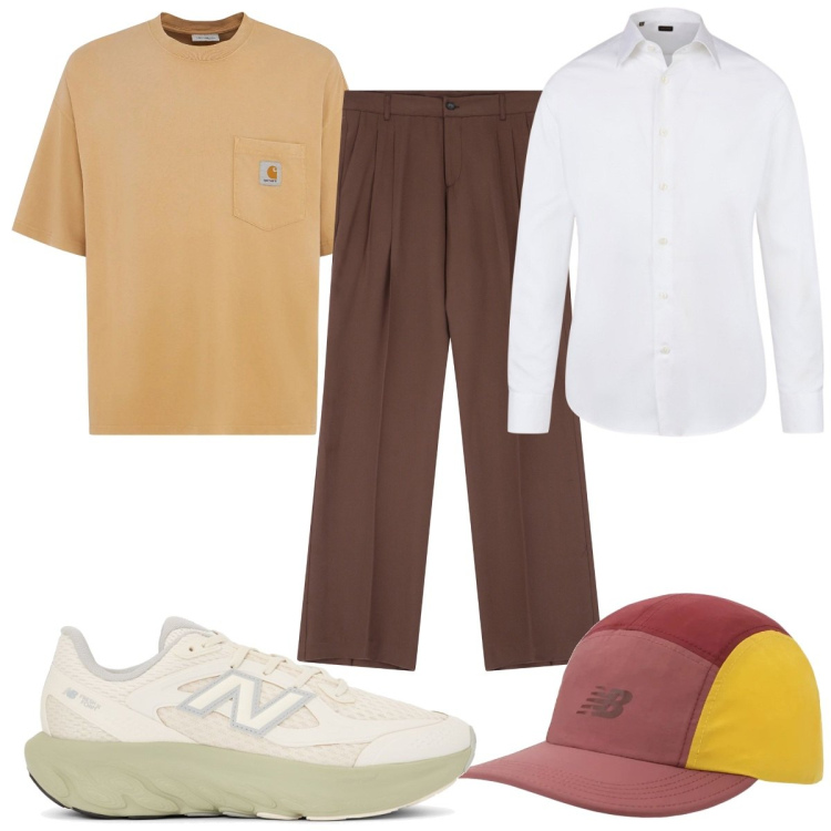 Outfit uomo - La t-shirt monocromatica in città. Stile Trendy per Tutti i giorni. Abbinamento con sneakers, cappelli con visiera, pantaloni, camicie, t-shirt.