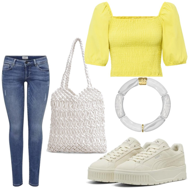 Outfit femme - Le top jaune. Style Basique pour Tous les jours. Assortir avec tuniques, sneakers, bracelets, jean skinny, sacs à main.