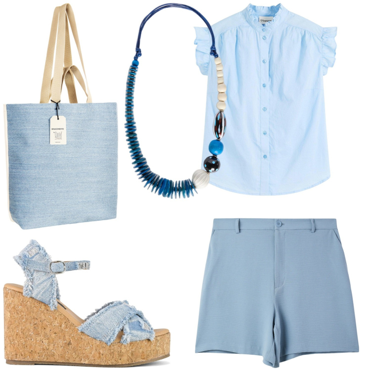 Outfit donna - Total look #2208153. Stile Casual chic per Tutti i giorni. Abbinamento con bluse, shorts, borse tote, zeppe, collane.