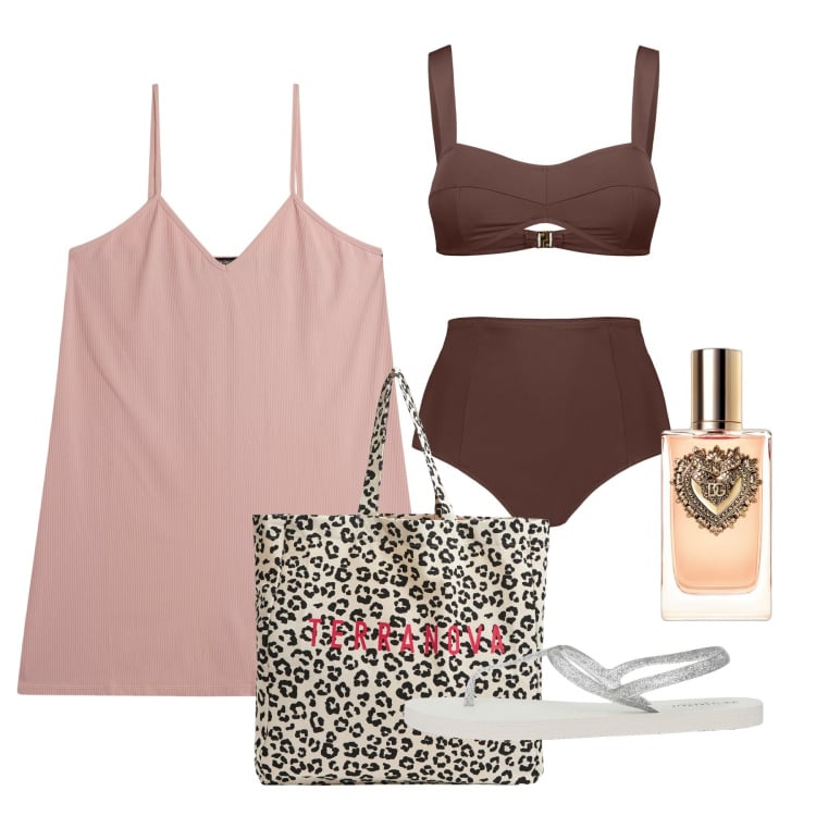 Outfit donna - Iraklia. Stile Chic per Mare. Abbinamento con profumi, sandali, shopping bag, vestiti corti, bikini.
