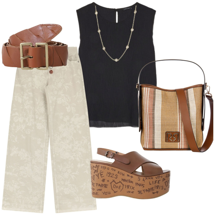 Outfit donna - Spese di vacanza. per Tutti i giorni. Abbinamento con collane, borse a secchiello, pantaloni, zeppe, cinture, top.