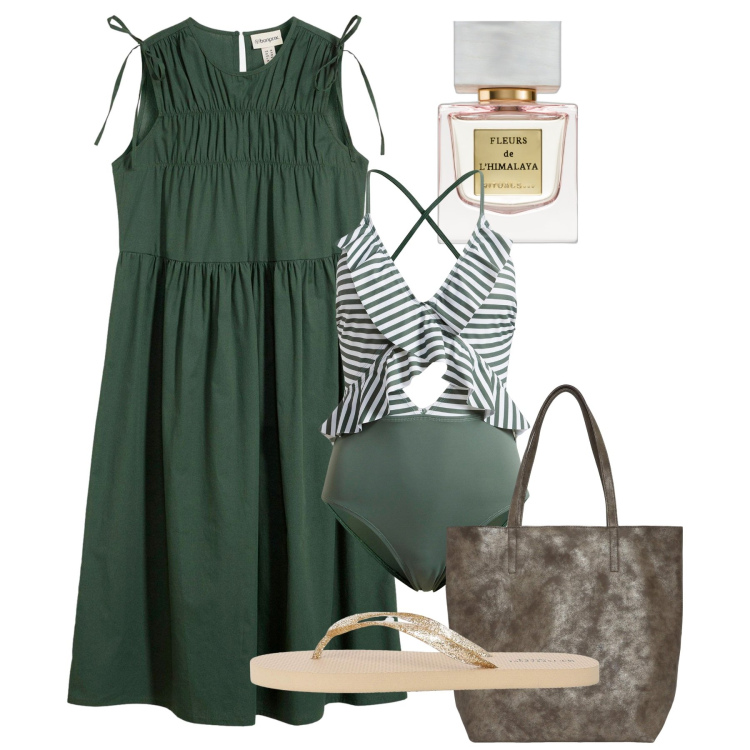 Outfit donna - Patmos. Stile Chic per Mare. Abbinamento con costumi interi, vestiti, profumi, borse tote, infradito.
