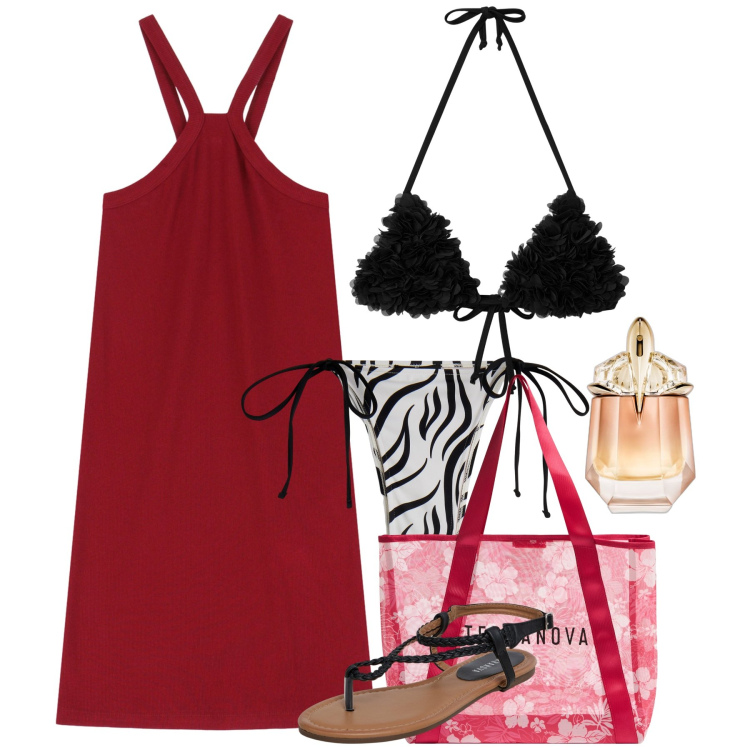 Outfit donna - Telendos. Stile Chic per Mare. Abbinamento con profumi, shopping bag, ciabatte, bikini, bikini, vestiti corti.