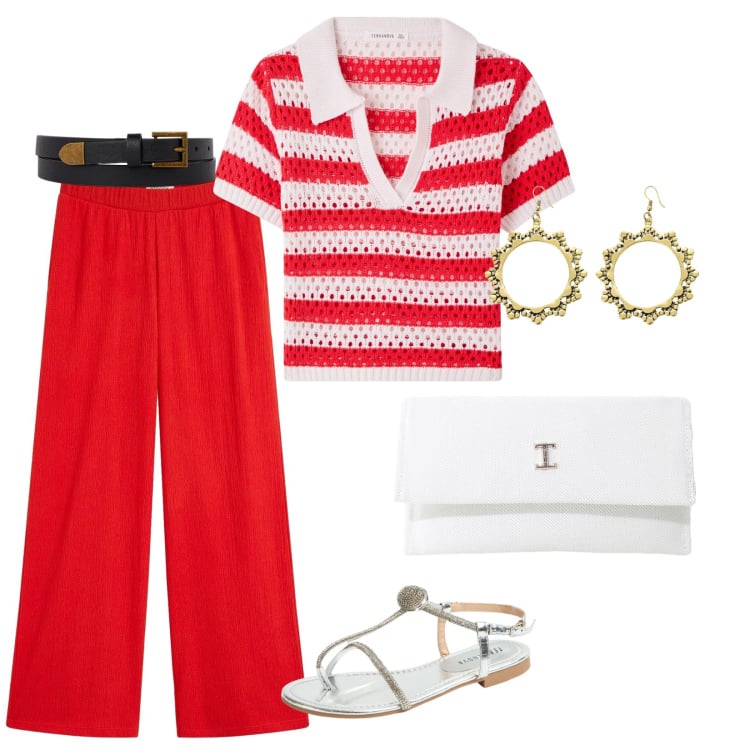 Outfit donna - Un po\' marinaretta. per Tutti i giorni. Abbinamento con pantaloni a palazzo, t-shirt, ciabatte, borse a tracolla, orecchini, cinture.