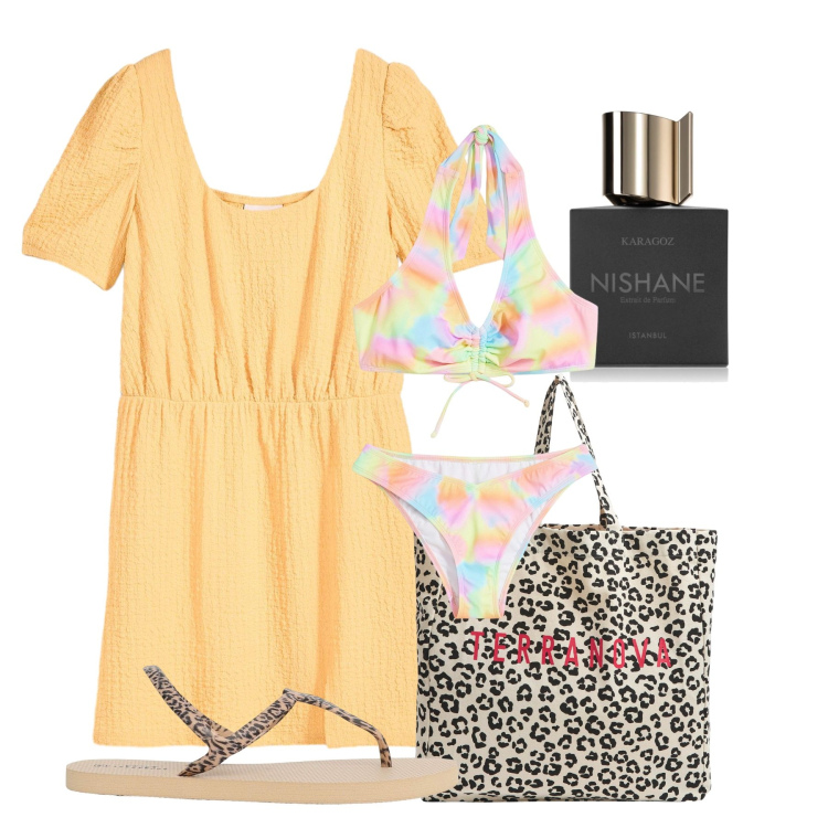 Outfit donna - Astypalea. Stile Bon Ton per Mare. Abbinamento con bikini, vestiti, profumi, shopping bag, ciabatte.