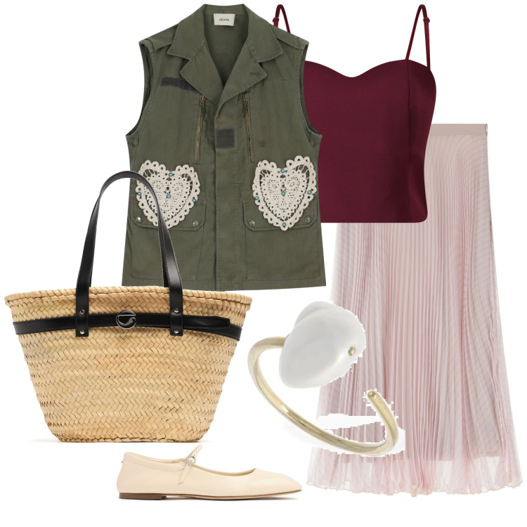 Outfit donna - Total look #2208192. Stile Casual chic per Tutti i giorni. Abbinamento con top, gonne, gilet, anelli, sandali in pelle, shopping bag.