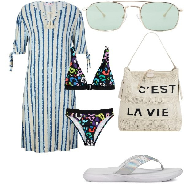 Outfit donna - Si va al mare. Stile Basic per Tutti i giorni. Abbinamento con bikini, vestiti, borse a mano, infradito, occhiali da sole.