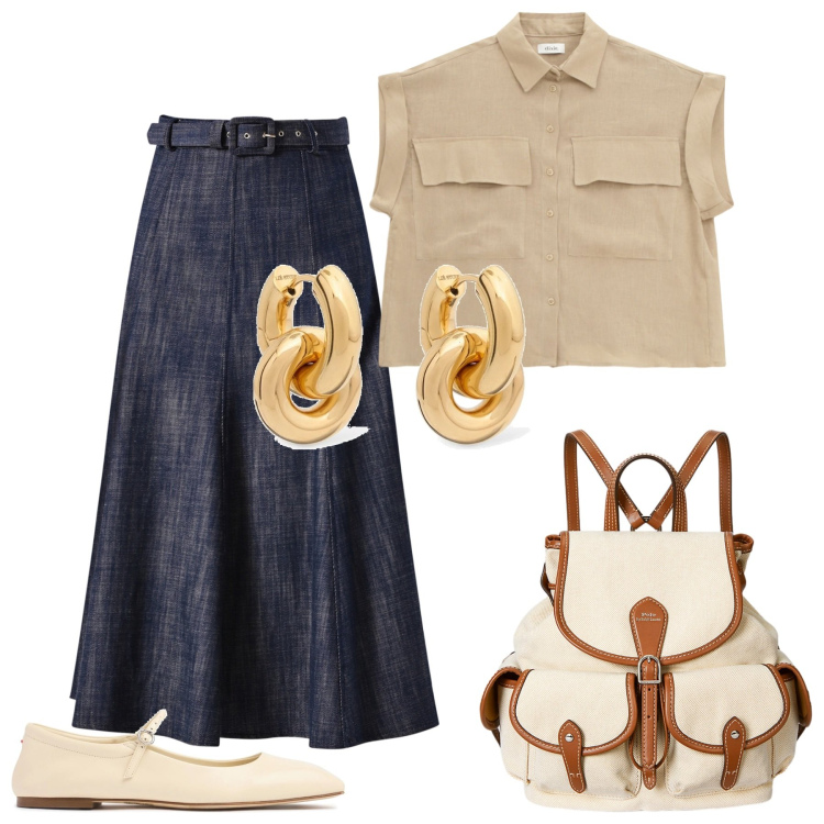 Outfit donna - Gonna a luglio. Stile Casual per Tutti i giorni. Abbinamento con gonne longuette, camicie a manica corta, zaini, sandali in pelle, orecchini.