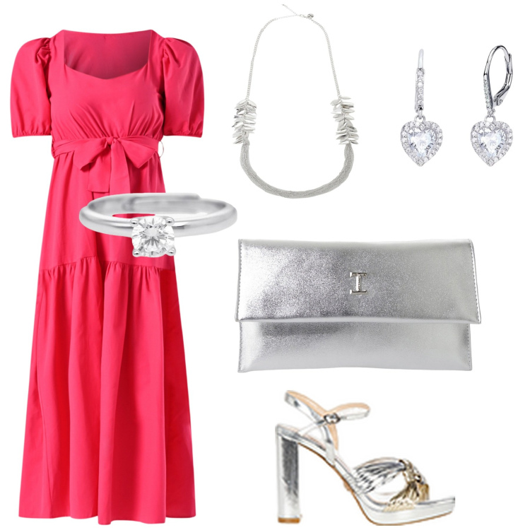 Outfit donna - Serata luminosa. Stile Chic per Serata fuori. Abbinamento con pochette, collane, orecchini, anelli, vestiti lunghi, sandali in pelle.