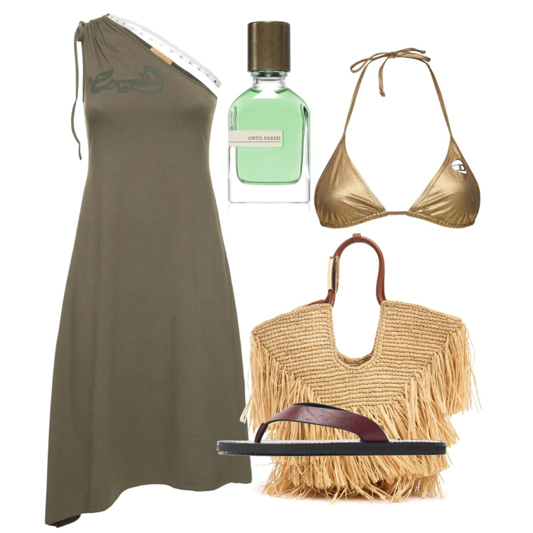 Outfit donna - Tilos. Stile Chic per Mare. Abbinamento con profumi, vestiti asimmetrici, bikini, borse tote, ciabatte.