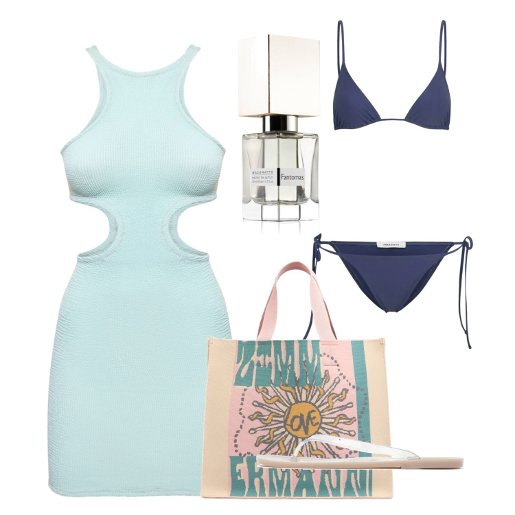 Outfit donna - Chalki. Stile Chic per Mare. Abbinamento con profumi, vestiti, shopping bag, bikini, infradito.