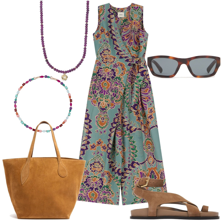 Outfit donna - Total look #2208208. Stile Trendy per Tutti i giorni. Abbinamento con collane, collane, tute, shopping bag, sandali in pelle, occhiali da sole.