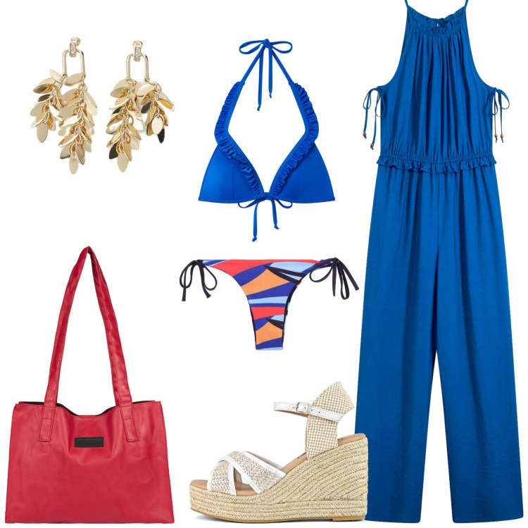 Outfit donna - Il costume perfetto. Stile Casual per Mare. Abbinamento con tute, bikini, bikini, shopping bag, orecchini, zeppe.
