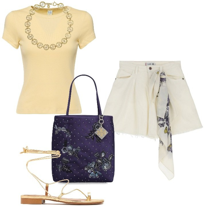 Outfit donna - Total look #2208212. Stile Boho per Mare. Abbinamento con shorts, borse a mano, collane, t-shirt, sandali in pelle.