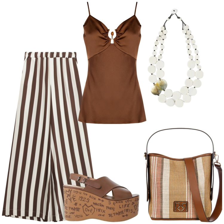 Outfit donna - Il colore della terra. Stile Casual per Tutti i giorni. Abbinamento con pantaloni, zeppe, top, borse a secchiello, ciondoli.