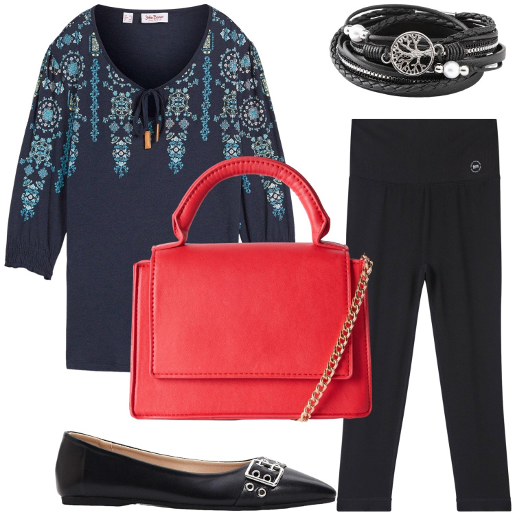Outfit donna - La borsa rossa. Stile Urban per Ufficio. Abbinamento con ballerine, braccialetti, bluse, leggings, borse a tracolla.