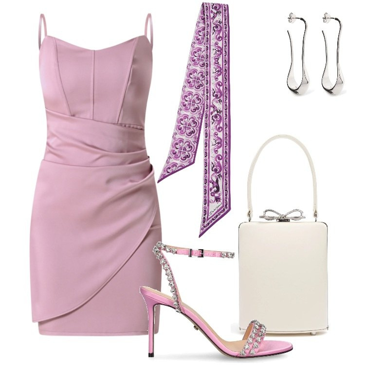 Outfit donna - Total look #2208216. Stile Glamour per Cerimonia. Abbinamento con vestiti a tubino, sandali in pelle, borse a mano, orecchini, foulard.