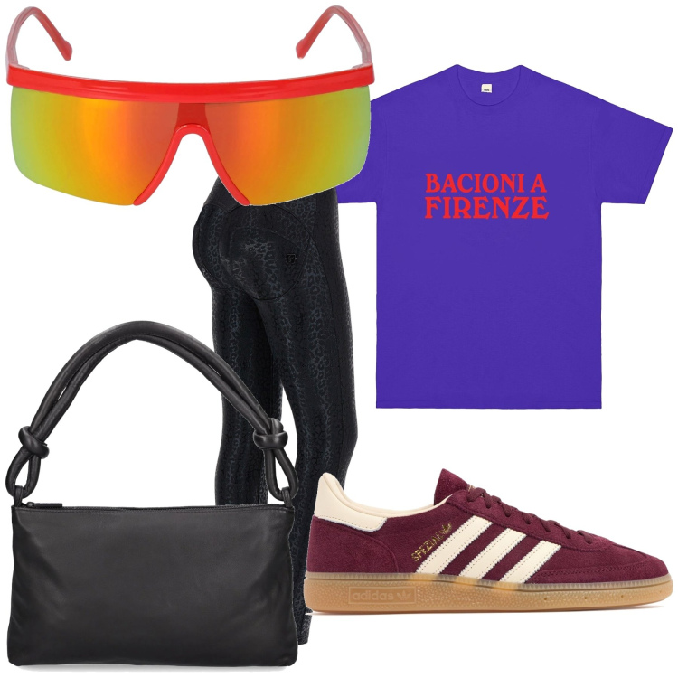 Outfit donna - Colore in libertà. Stile Trendy per Tutti i giorni. Abbinamento con pantaloni skinny, sneakers, borse a spalla, occhiali da sole, t-shirt.