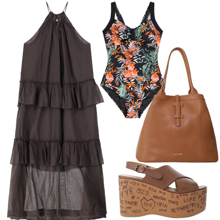 Outfit donna - L intero a fiori. Stile Bon Ton per Mare. Abbinamento con costumi interi, borse tote, vestiti lunghi, zeppe.
