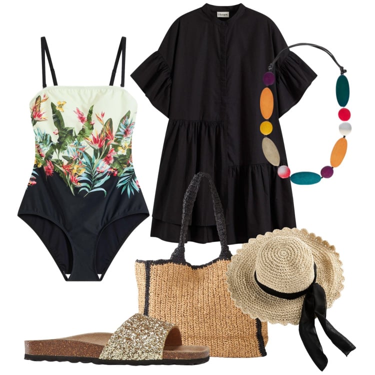 Outfit donna - Nero e fiori costume perfetto-@ellystyle. Stile Trendy per Mare. Abbinamento con costumi interi, shopping bag, ciabatte, cappelli, vestiti, collane.