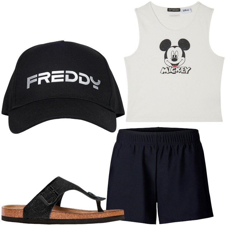 Outfit donna - Relax in giardino. Stile Basic per Tutti i giorni. Abbinamento con infradito, pantaloni corti, cappelli, canottiere.