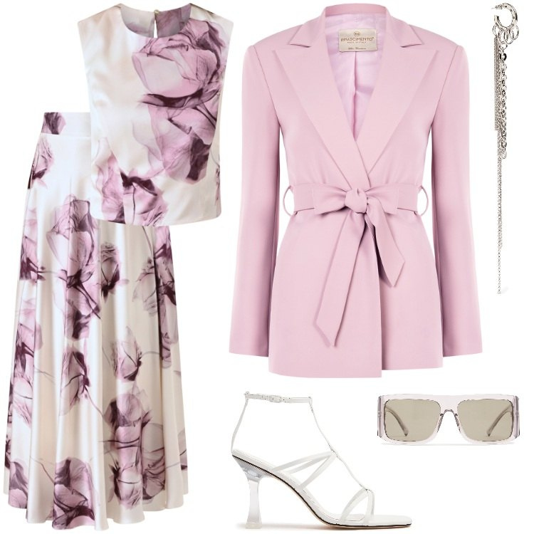 Outfit donna - Total look #2208231. Stile Rock per Cerimonia. Abbinamento con gonne lunghe, top, blazer, sandali in pelle, occhiali da sole, orecchini.