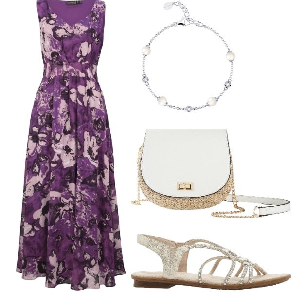 Outfit donna - Le serate di Luglio. Stile Casual chic per Serata fuori. Abbinamento con vestiti lunghi, borse a tracolla, sandali, braccialetti.