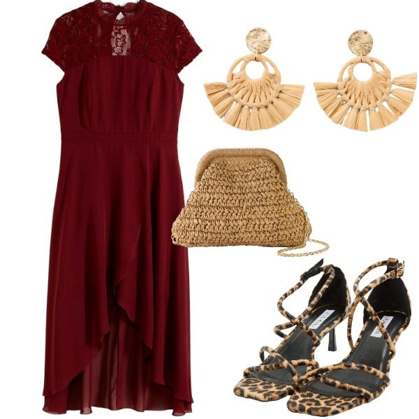 Outfit donna - Le serate di Luglio. Stile Casual chic per Serata fuori. Abbinamento con orecchini, borse a tracolla, vestiti asimmetrici, sandali col tacco.