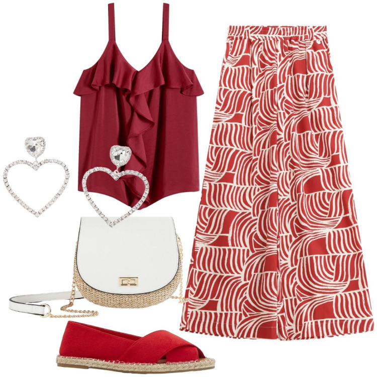 Outfit donna - Rosso come il tramonto. Stile Casual chic per Serata fuori. Abbinamento con top, espadrillas, borse a tracolla, pantaloni, orecchini.