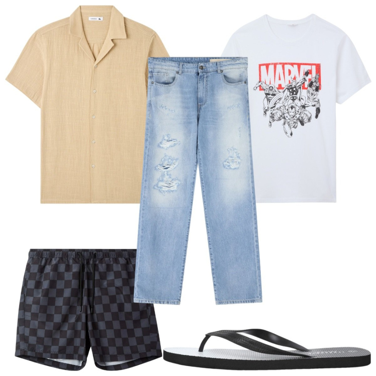 Outfit uomo - Total look #2208251. Stile Trendy per Mare. Abbinamento con camicie a manica corta, t-shirt, sandali, costumi, jeans strappati.