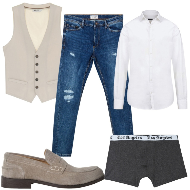 Outfit uomo - Total look #2208253. Stile Casual per Tutti i giorni. Abbinamento con gilet, scarpe stringate, jeans strappati, boxer, camicie.