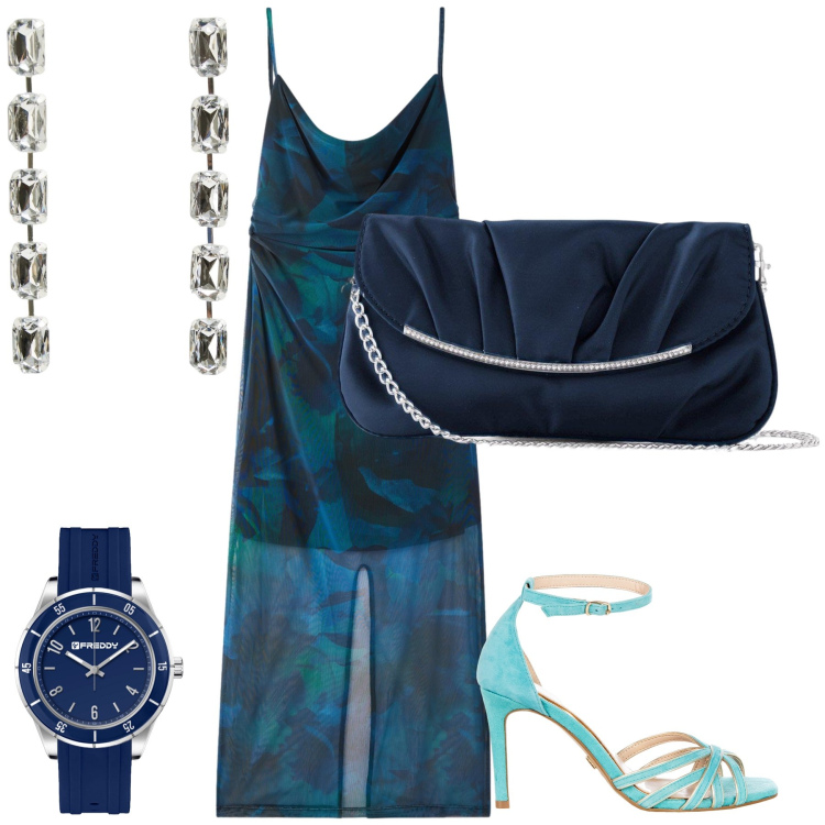 Outfit donna - It’s cocktail time!!!. Stile Glamour per Serata fuori. Abbinamento con pochette, vestiti lunghi, orecchini, sandali col tacco, orologi.