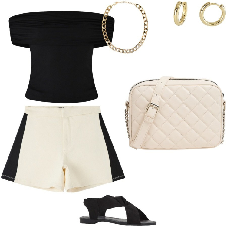 Outfit donna - Gli outfit in vacanza. Stile Glamour per Serata fuori. Abbinamento con sandali, shorts, collane, borse a tracolla, orecchini, top.