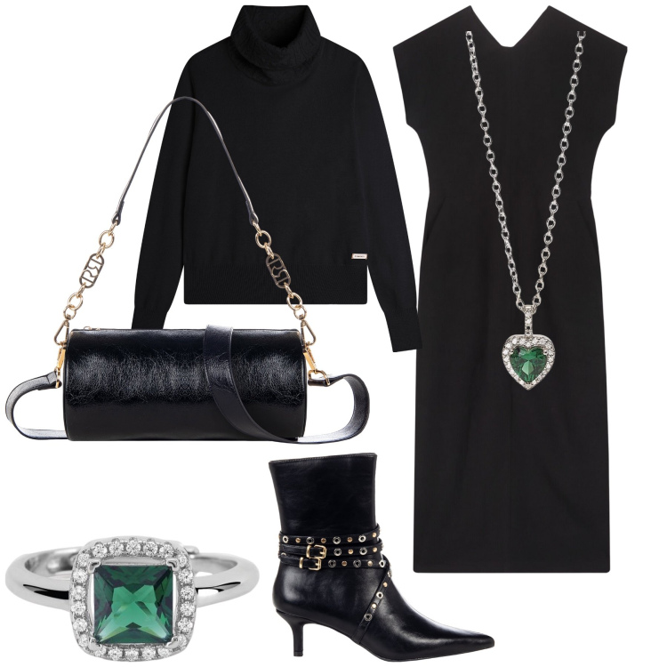 Outfit donna - Montagne verdi. Stile Bon Ton per Serata fuori. Abbinamento con anelli, ciondoli, stivaletti, borse a mano, maglieria, vestiti lunghi.